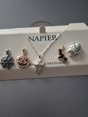 Napier Silver & Gold Halloween Charm Necklace with Ghost Pumpkin Witch Bat Mummy